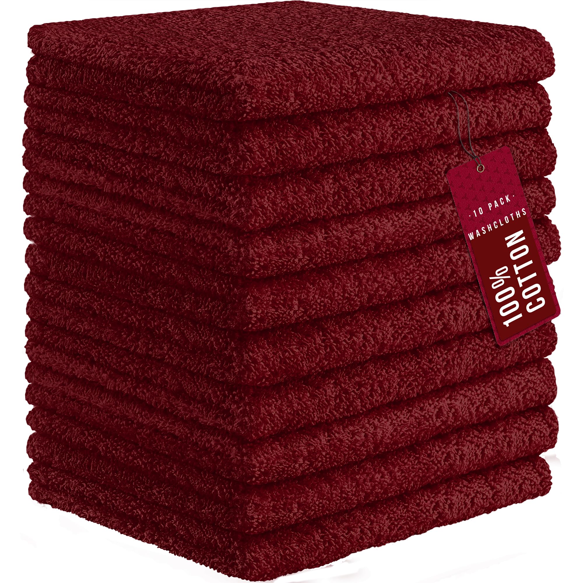 DecorRack 100% Cotton Washcloths 12x12 in, Red (10 Pack)