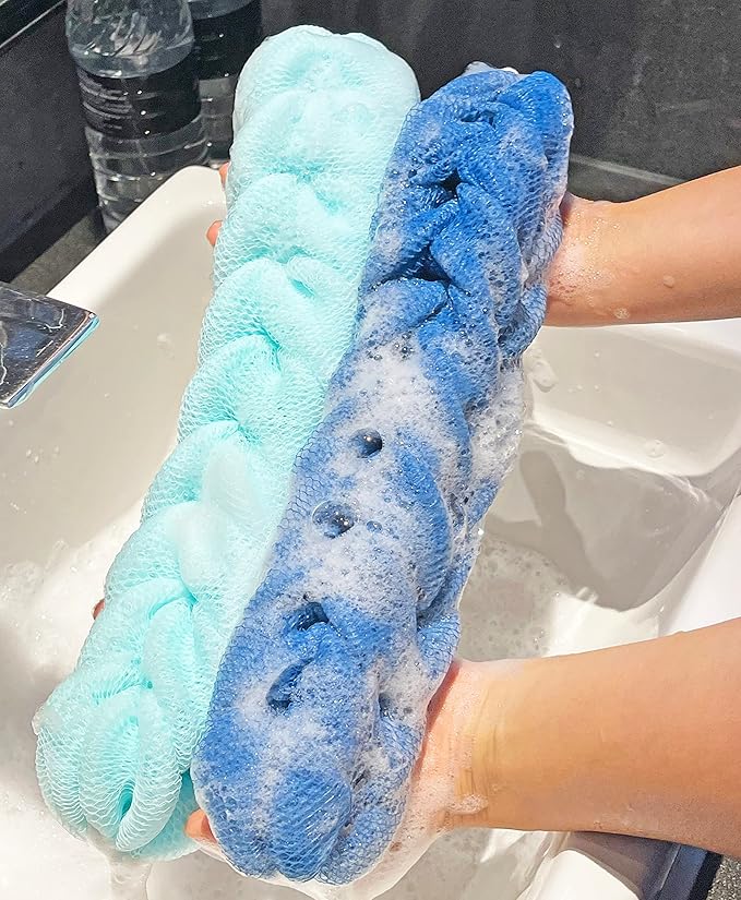Long Stretch Back Sponge with Rope Handles Back Scrubber Bath Shower Mesh Sponge Exfoliating Body Scrub Stretch Braided Loofah for Men and Women(2-Pack,Blue Green)