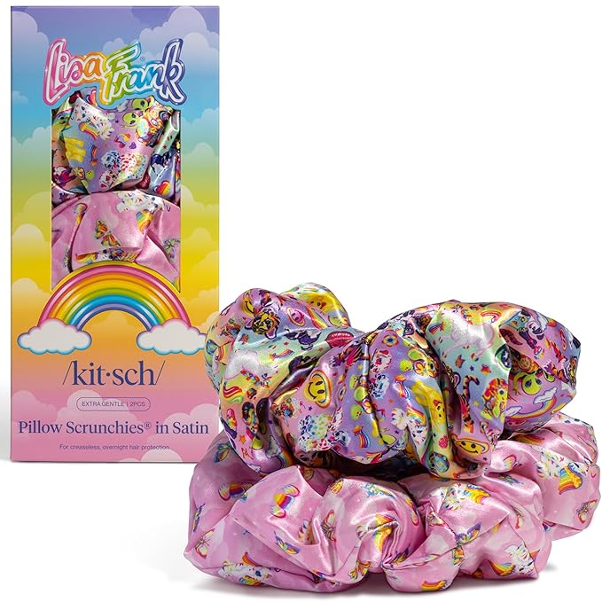 Lisa Frank x Kitsch Pillow Satin Scrunchies for Women - Hair Ties No Damage, No Crease Hair Accessories | For Day or Night Use - 2pcs
