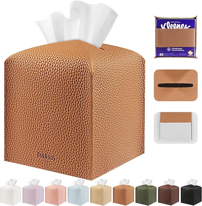 Tissue Box Cover Holder Square Tissue Cube Cover PU Leather Tissue Organizer with Bottom Belt for Bathroom, Tabletop, Car, Night Stands, Office, Home, Kitchen (1, Brown)