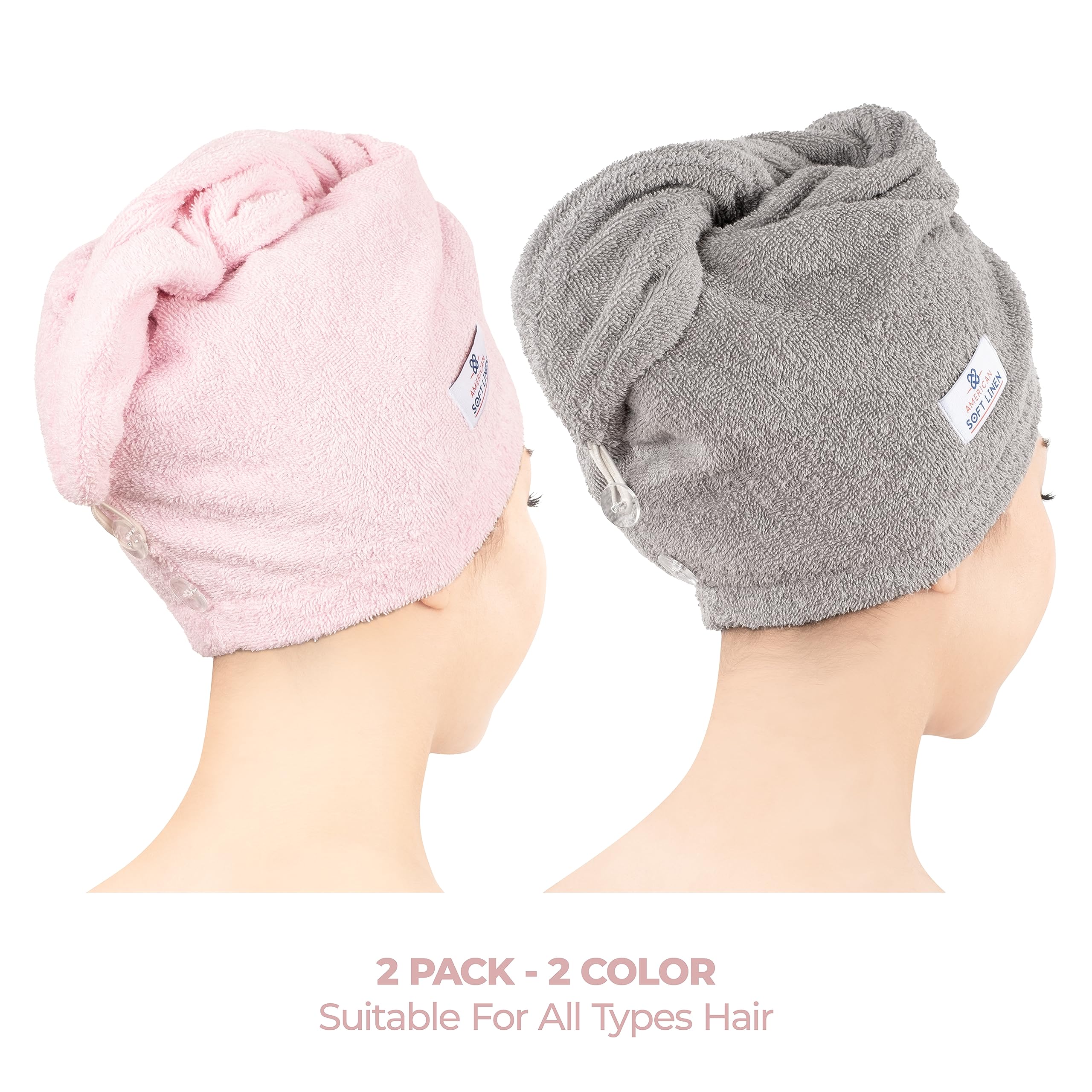 American Soft Linen 100% Cotton Head Towel Cap, Women's Anti Frizz Hair Wrap, Absorbent Cotton Towels 2 Pack, Light Grey-Pink