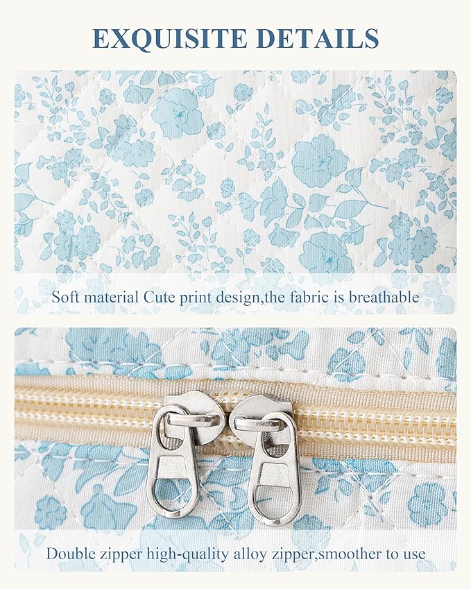HBselect Initial Quilted Makeup Bag, Cotton Large Travel Makeup Bag, Cute Floral Coquette Make up Bag Cosmetic Bag Toiletry Bag for Women Girls L