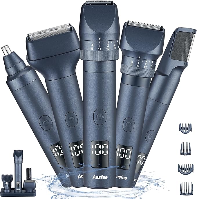 Beard Trimmers Kit for Men Precise Dial Adjustable 20 Lengths, 5-in-1 Electric Shavers and Hair Clippers Set - Body Nose Ear Mustache Hair Trimmers Razors Waterproof Wet/Dry - USB-C Charging Dock