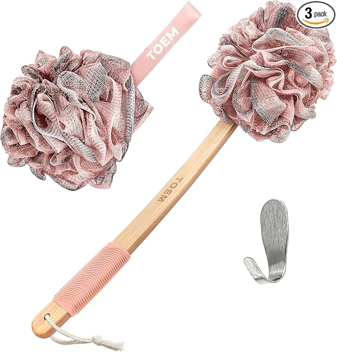 Toem® Loofah Back Scrubber for Shower | Bamboo Charcoal | Long Handle