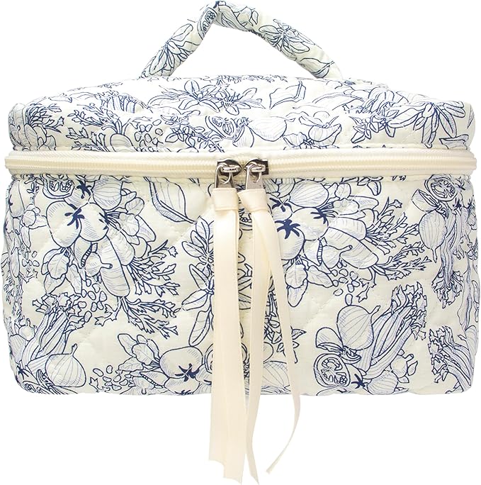PAZIMIIK Quilted Makeup Bag Large Travel Zipper Soft Cosmetic Case for Women Girls Make Up,Jouy Blue