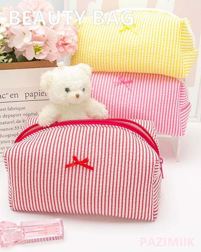 PAZIMIIK Cozy Makeup Bag for Women,Zipper Cosmetic Pouch,Stripe Red,2 Pack