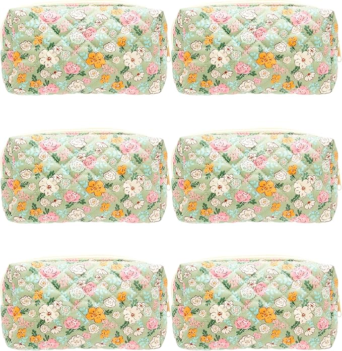 PAZIMIIK Small Quilted Makeup Bag,Zipper Cosmetic Pouch,Green Floral,6 Pack