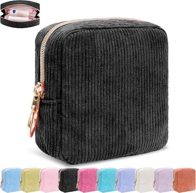 Period Bag for Girls, Corduroy Sanitary Napkin Storage Bag, Period Pouch & Tampon Holder, Feminine Care Organizer（Black）