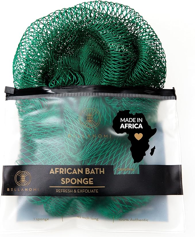 Bellanomi African Exfoliating Net Sponge, Authentic, Ethically sourced from Nigeria, 45 inches Long, Back Scrubber for Daily use (Emerald Green)
