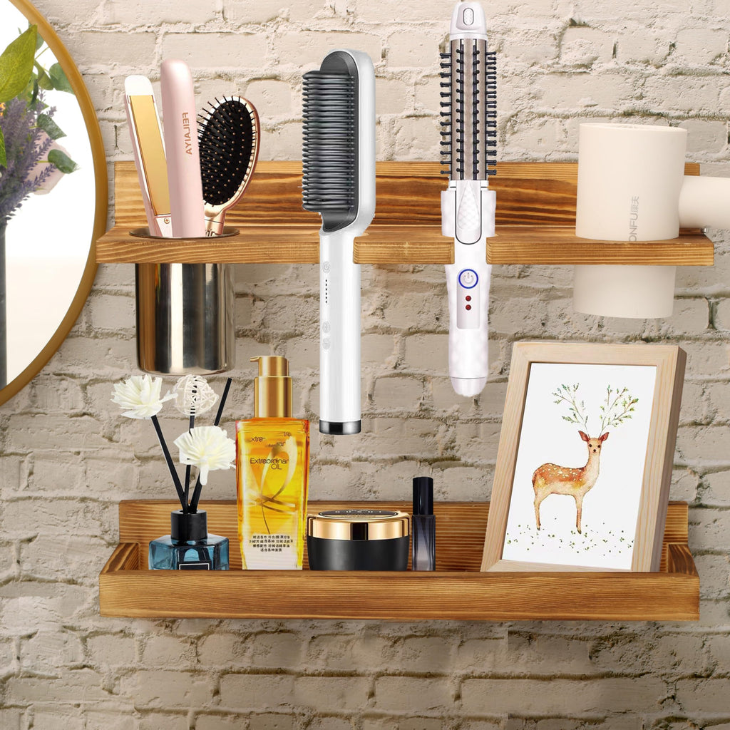 MRPAPA Hair Tool Organizer Wall Mount 2 Layer Wooden Blow Dryer Holder