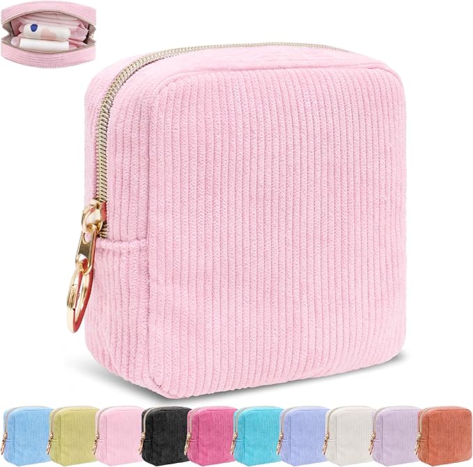 Period Bag for Girls, Corduroy Sanitary Napkin Storage Bag, Period Pouch & Tampon Holder, Feminine Care Organizer（Pink）