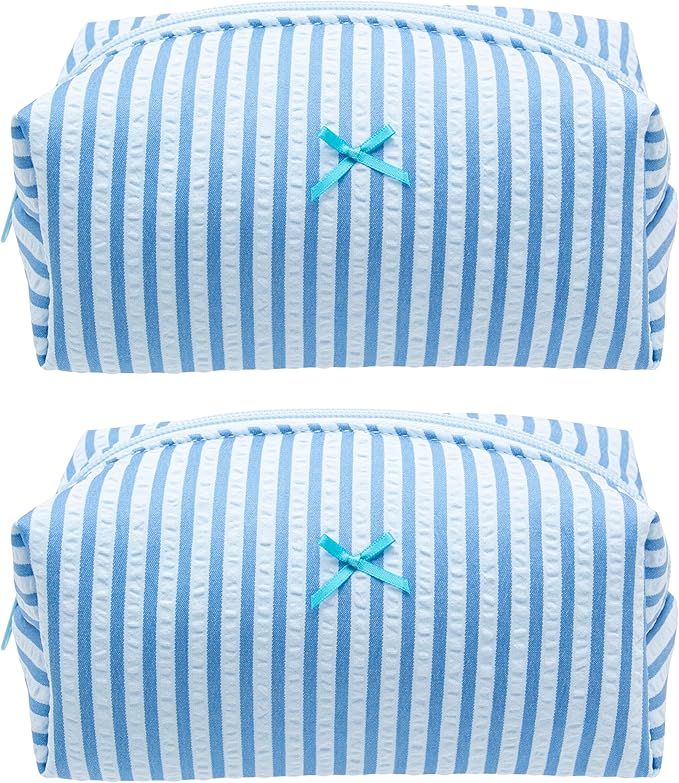 Cozy Makeup Bag for Women,Zipper Cosmetic Pouch,Stripe Lake Blue,2 Pack