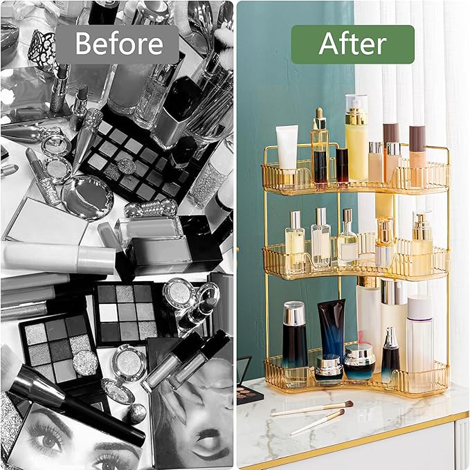 Weidace Corner Bathroom Counter Organizer Bathroom Countertop Shelf Makeup Organizer for Vanity Perfume Tray for Corner Storage (3 Tiers, Gold)
