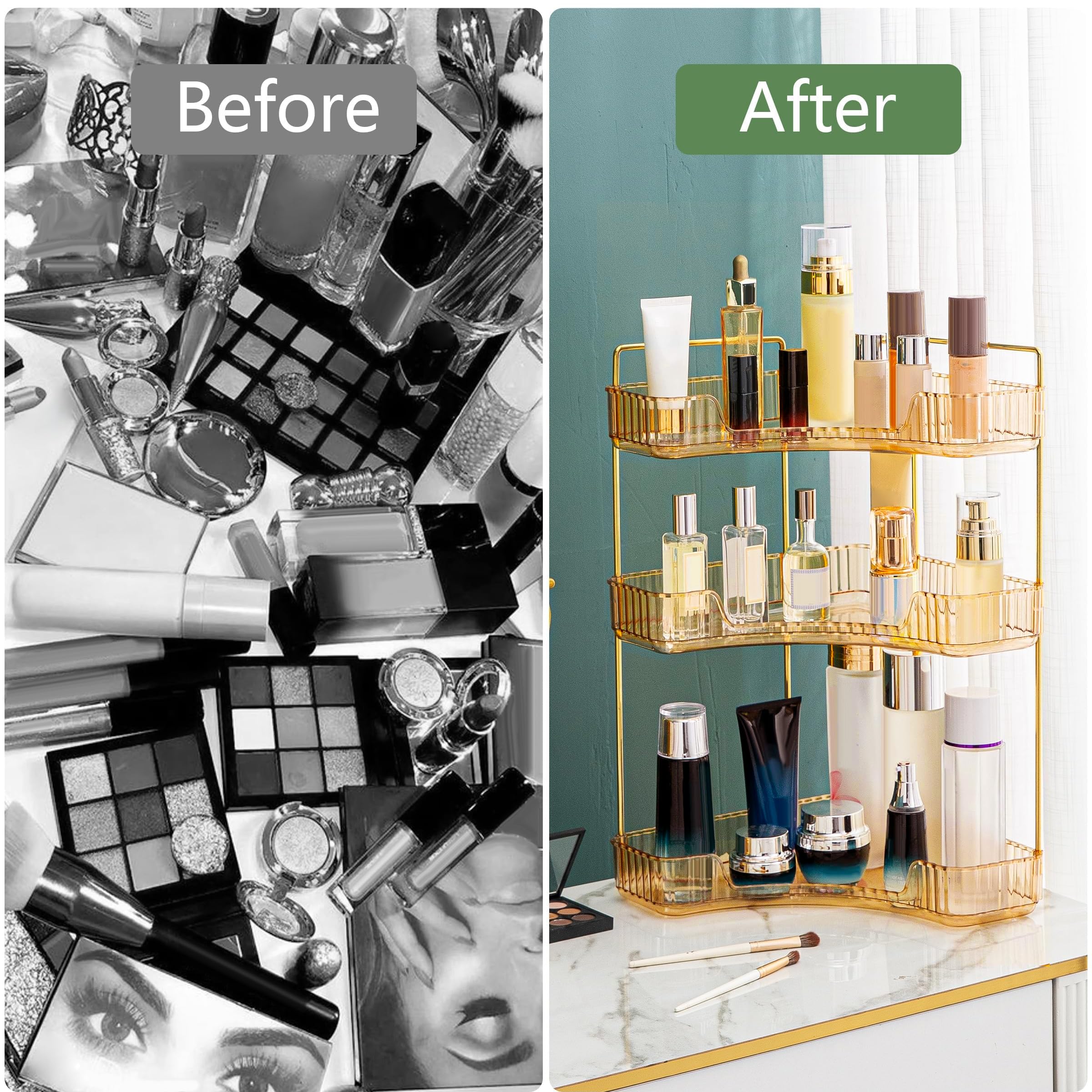 Weidace Corner Bathroom Counter Organizer Bathroom Countertop Shelf Makeup Organizer for Vanity Perfume Tray for Corner Storage (3 Tiers, Gold)