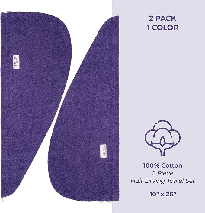 American Soft Linen 100% Cotton Hair Towel Cap and Wrap for Long Curly Anti Frizz Hair, Absorbent 2 Pack, Purple