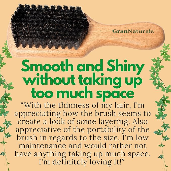 GranNaturals Soft Boar Bristle Slick Back Hair Brush - Hairbrush for Smoothing, Fades, Beards, 360 Waves to Style, Polish, & Lay Down Hair to Create a Sleek Ponytail Bun Hairstyle for Women & Men