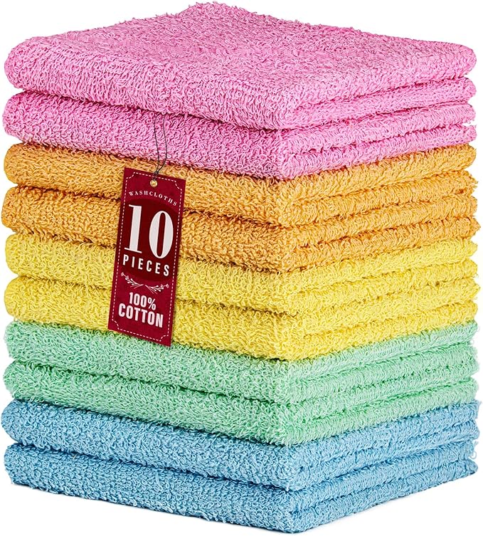 DecorRack 100% Cotton Washcloths 12x12 in, Assorted Colors (10 Pack)