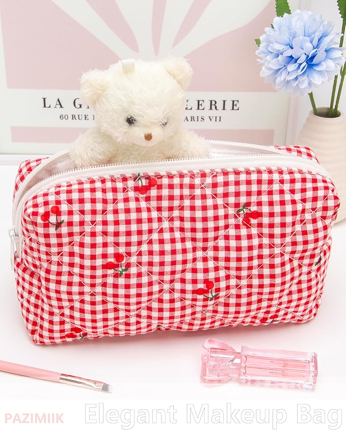 PAZIMIIK Small Quilted Makeup Bag,Zipper Cosmetic Pouch,Gingham Red Cherry
