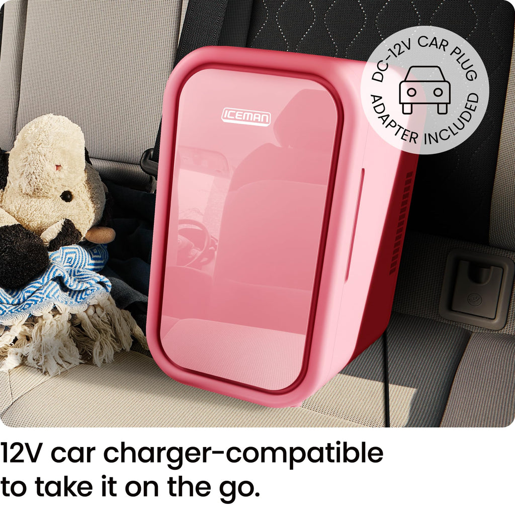 Iceman Portable Mini Fridge – Fits 8 x 12 oz Cans, Cooler and Heater Mini Fridge for Bedroom, Car, Office, Dorm and Skincare, AC/DC Car Plug-Compatible - Pink