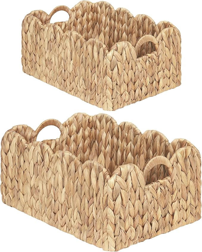 Scalloped Wicker Basket, Set of 2 Woven Rattan Natural Water Hyacinth Baskets with Built-in Handles, Rectangle Storage Baskets for Organizing, Decor, Shelf and Nursery Room