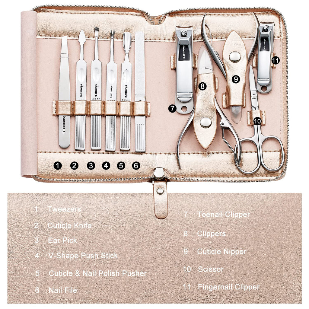 FAMILIFE Stainless Steel Manicure Set 11-in-1 Professional Nail Clipper Kit