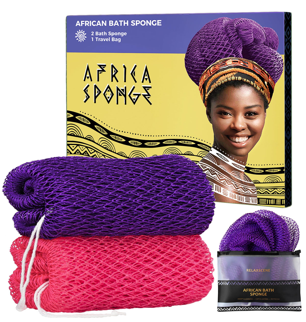 African Net Sponge Authentic - 2 Pieces Exfoliating Body Scrubber Bath Sponge - Back Scrubber Washcloth for Shower - Real African Scrub Exfoliator Body Care Bathing Accessories for Women