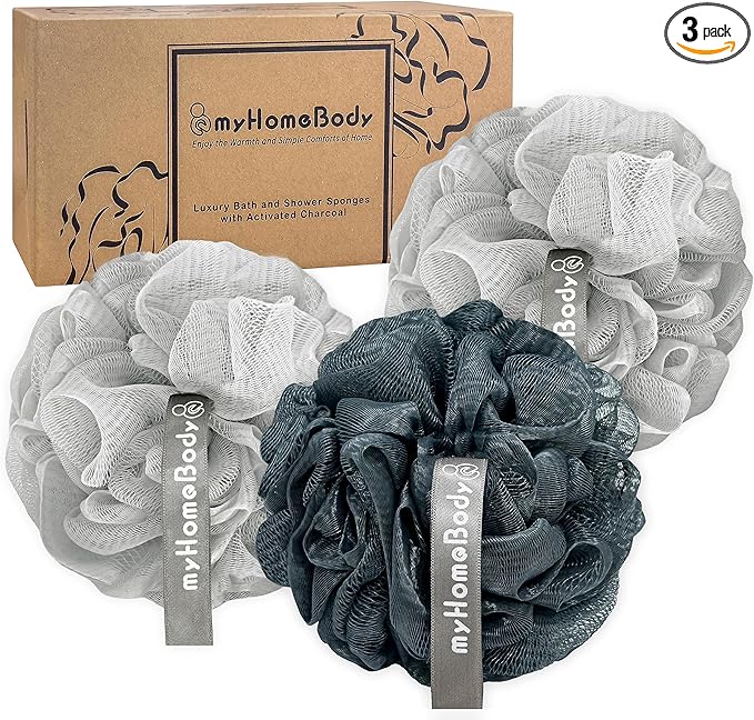 myHomeBody Large 70g Loofah Sponge, 2 Graphite Gray + 1 Sage Green