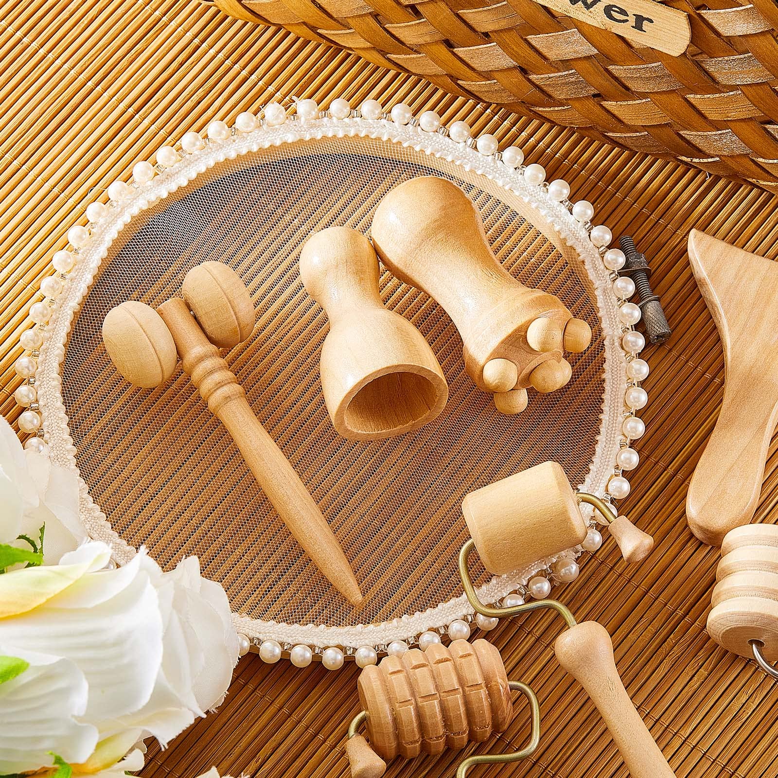 Boao 7 Pcs Wood Therapy Massage Tools Set, Wooden Face Massage Tool & Roller Kit for Lymphatic Drainage Care, At-Home Relaxation & Facial Care, Natural Wood