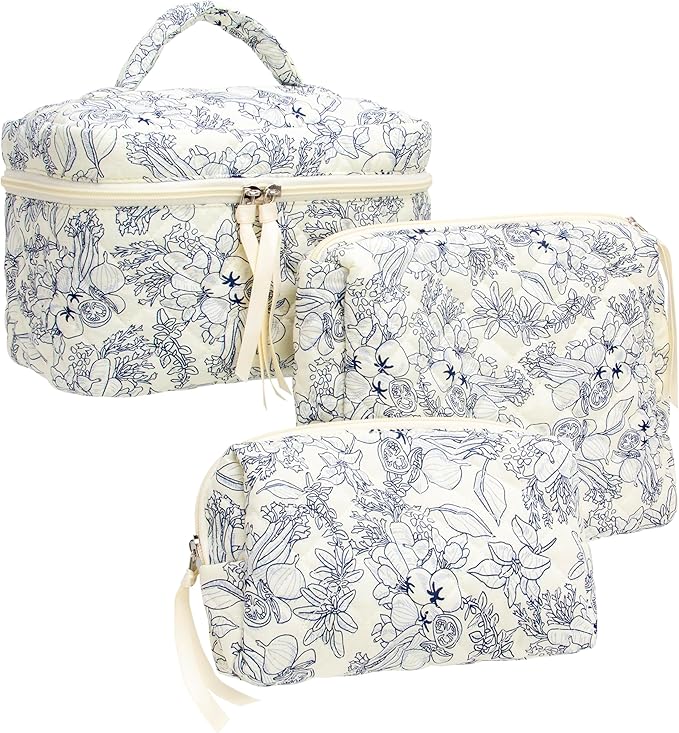 PAZIMIIK 3PCS Makeup Bag SET Large Travel Quilted Zipper Soft Cosmetic Case Pouch for Women Girls Make Up,Jouy Blue