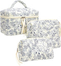 PAZIMIIK 3PCS Makeup Bag SET Large Travel Quilted Zipper Soft Cosmetic Case Pouch for Women Girls Make Up,Jouy Blue