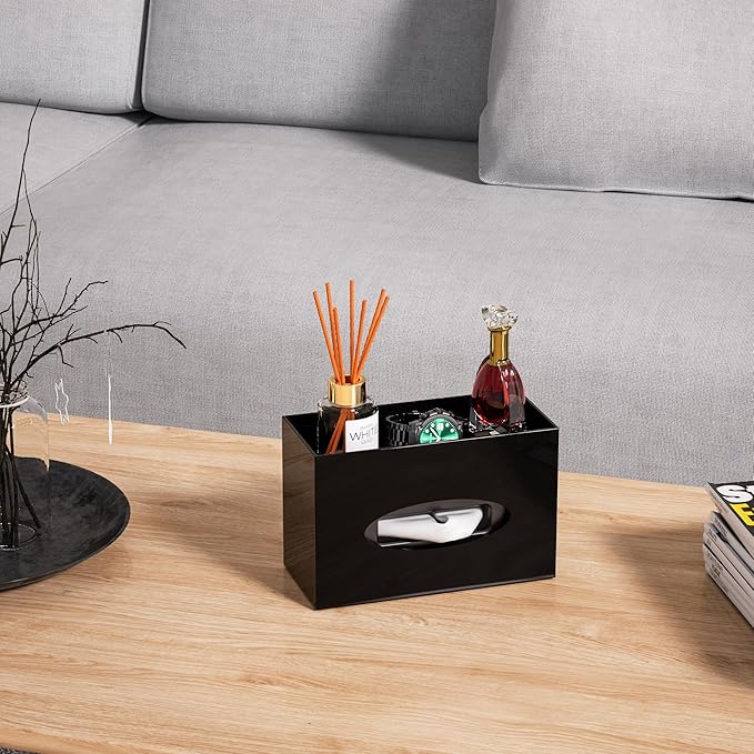 Hongtuocb Black Acrylic Tissue Box Cover Rectangular,Acrylic Tissue Dispenser with Storage Tray for Bathroom Kitchen Home Office (Black, 9.85x4.5x6.3)