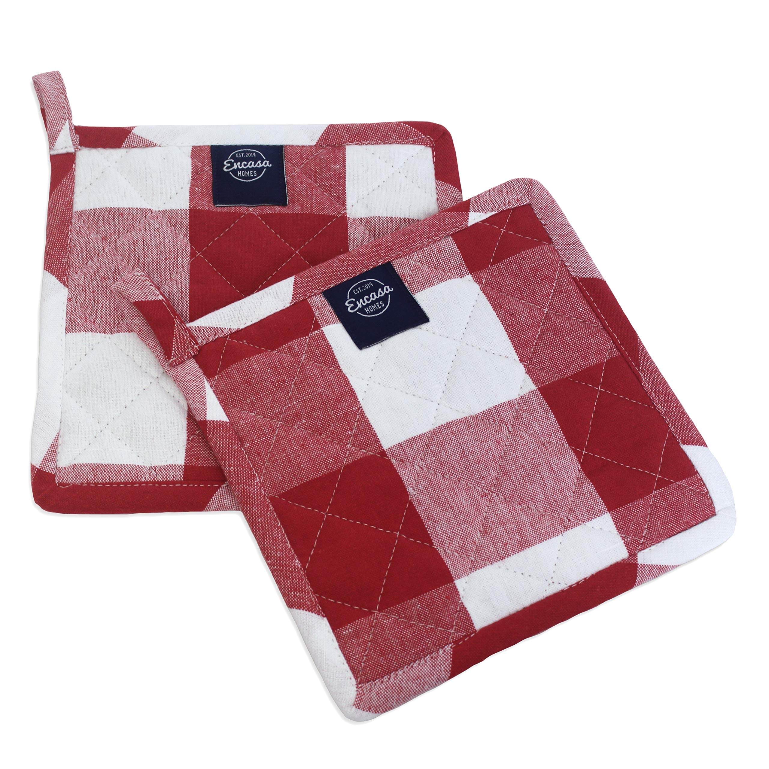 Encasa XO 8 inches Oven Microwave Potholders (2 pc Set) for Kitchen Cooking & Baking - Heat Resistant, Thick & Safe, Protection of Hands from Hot Utensils - Buffalo Red Checks