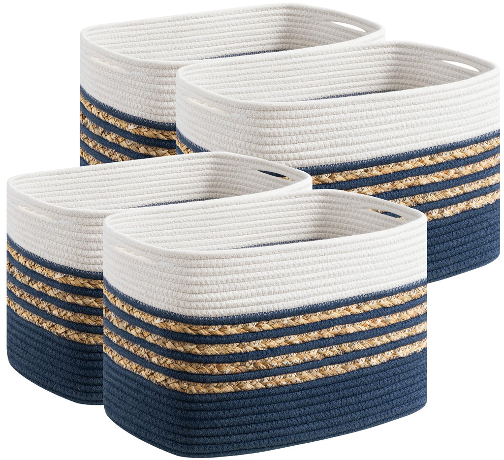UBBCARE 4 Pack Baskets for Organizing, Woven Storage Baskets for Toys and Towel, Rectangle Cotton Rope Basket with Handles, 14''L x 8''W x9''H, Navy Blue