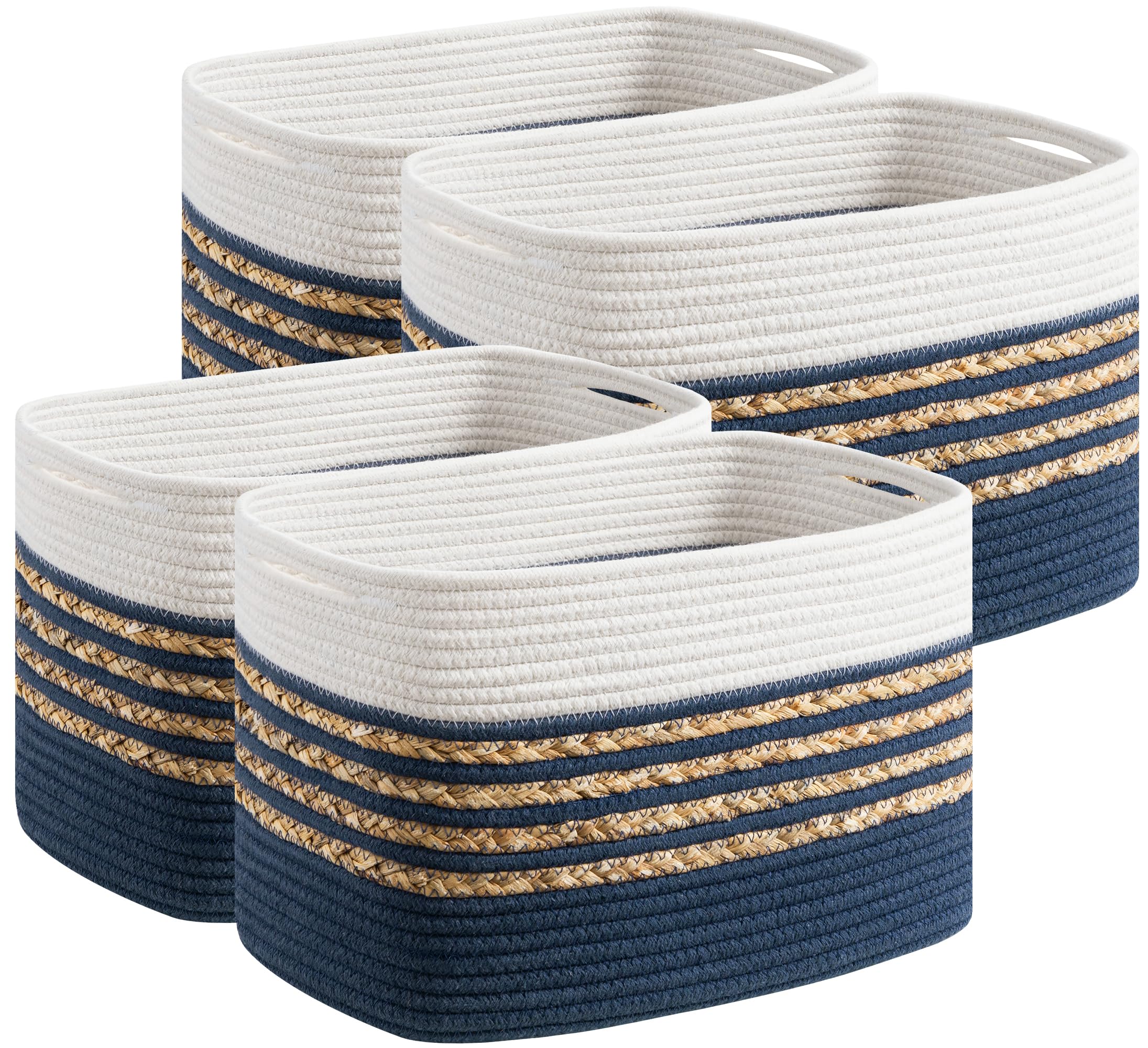 UBBCARE 4 Pack Baskets for Organizing, Woven Storage Baskets for Toys and Towel, Rectangle Cotton Rope Basket with Handles, 14''L x 8''W x9''H, Navy Blue