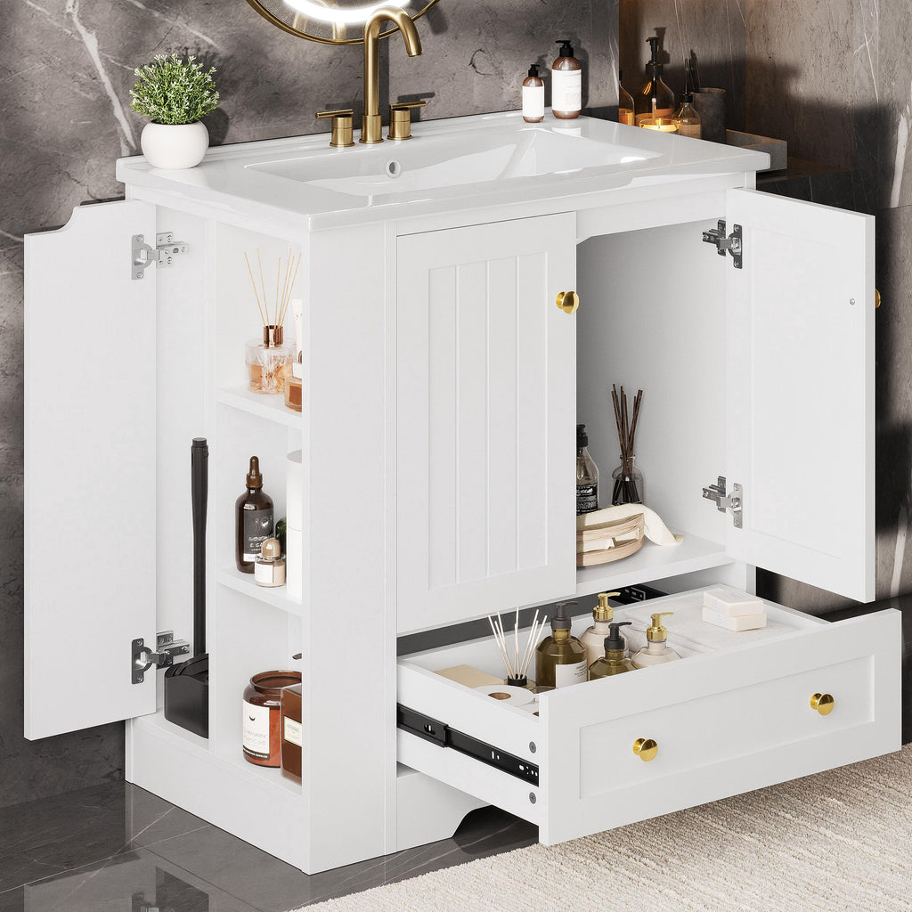 IRONCK Bathroom Vanity with Ceramic Sink, 30" Bathroom Cabinet, White