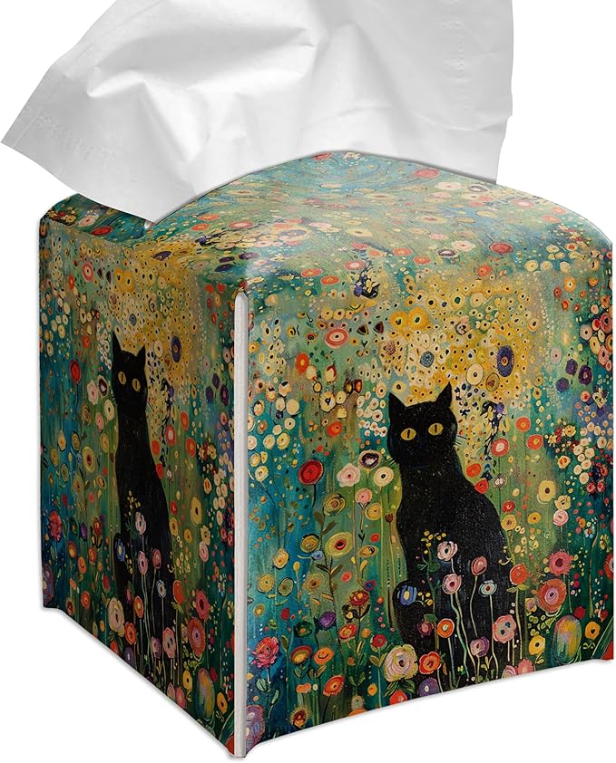 Grace Yonks Cute Tissue Box Cover Square - Black Cat in Whimsical Flower Garden Print Design 5.2" PU Leather Holder for Vanity, Desk, or Bathroom Counter - Cube Case for Facial Tissues(025)