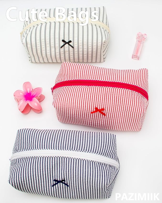 PAZIMIIK Cozy Makeup Bag for Women,Zipper Cosmetic Pouch,Stripe Navy Blue