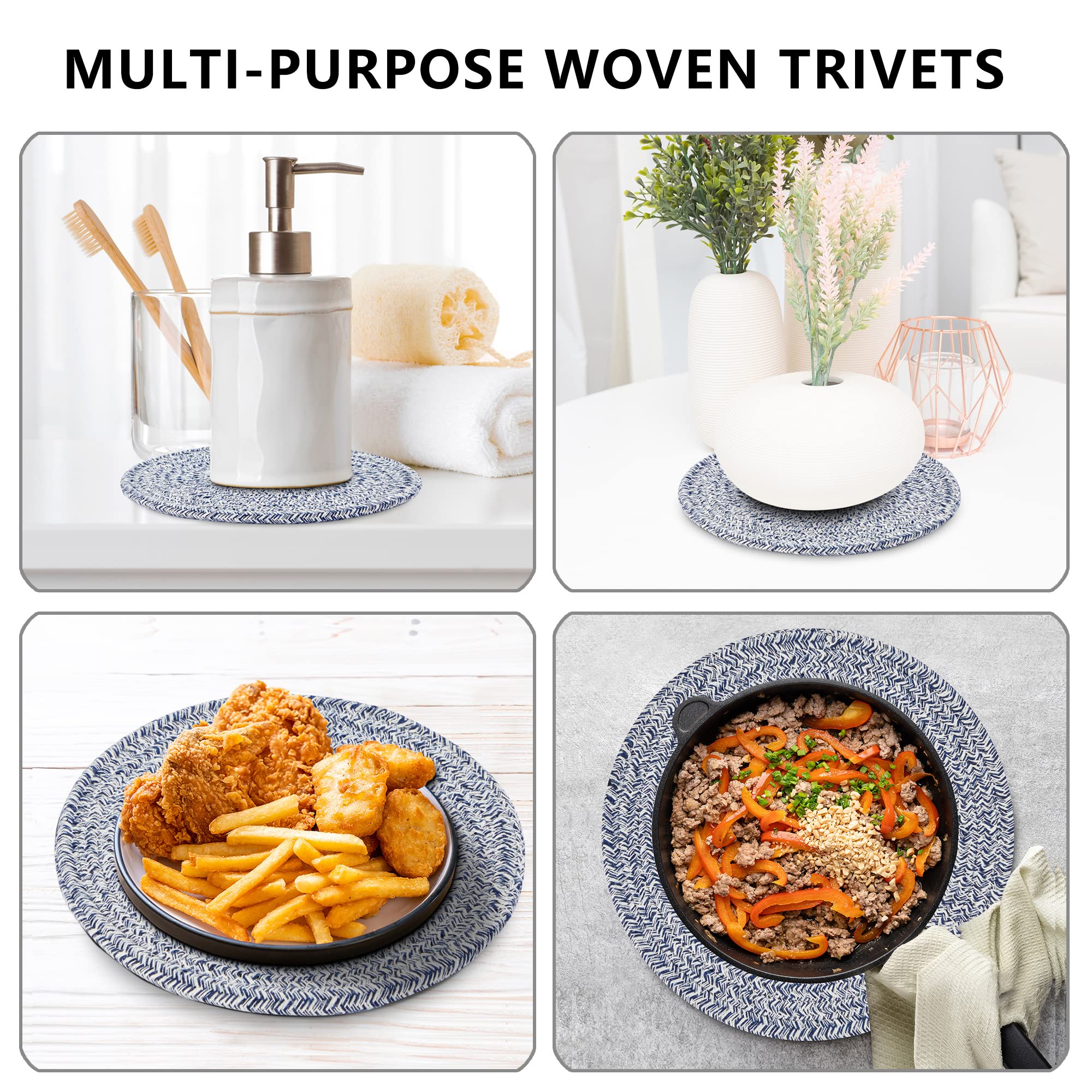 Coga Trivets for Hot Dishes, 5 Pack 7 Inch Cotton Hot Pads for Kitchen with Storage Basket, Round Pot Holders for Kitchen, Heat Resistant Mats for Countertop, Pots and Pans, Farmhouse Decor, Blue