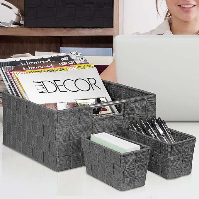 Sorbus Storage Baskets for Organizing (Set of 7), Mesh Hand-Woven Design, Linen Closet Organizers and Storage, Organizer Storage Baskets for Shelves, Variety Pack Organizers and Storage (Grey)