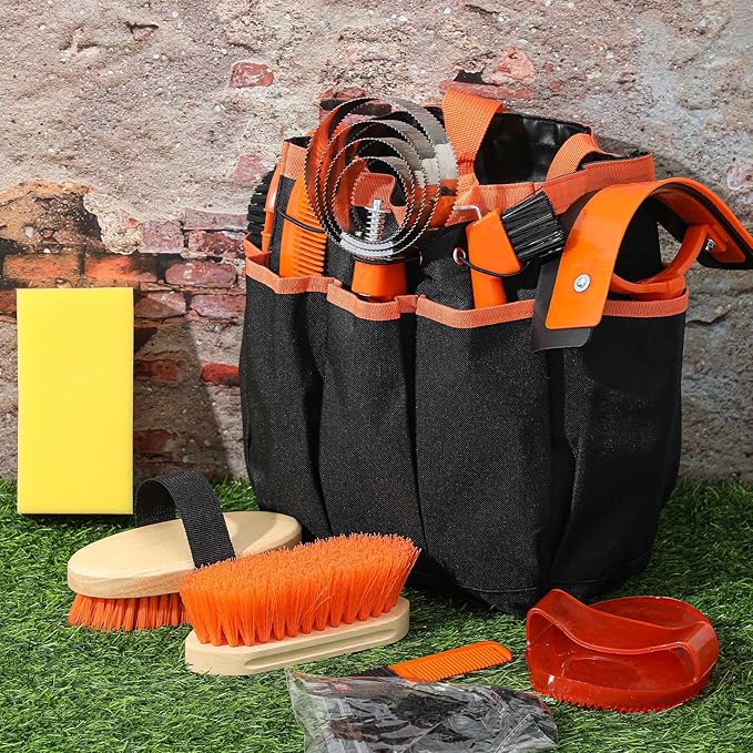 Abbylike 12 Pieces Horse Grooming Kit with Organizer Tote Bag Tack Room Supplies Horse Brush Sets Equine Care Cleaning Kit Shedding Grooming Massaging Tools(Orange)