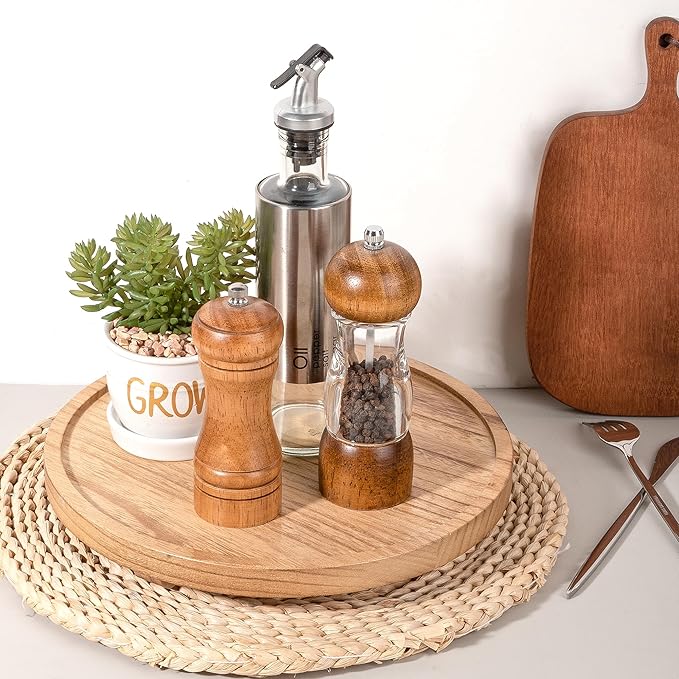 Round Decorative Tray Wood Bathroom Counter Organizer Farmhouse Kitchen Decor Wooden Riser for Soap Dish, Perfume, Candle, Sponge, 11" - Brown