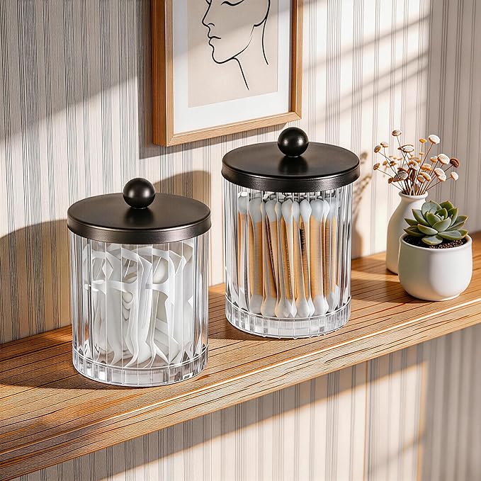 Amolliar Apothecary Jars Bathroom Vanity Storage Organizer Set, Countertop Canister with Stainless Steel Lid & Cute Stickers, Qtip Holder Dispenser for Cotton Swabs, Balls, Makeup Pads(Bronze, 4 Pack)