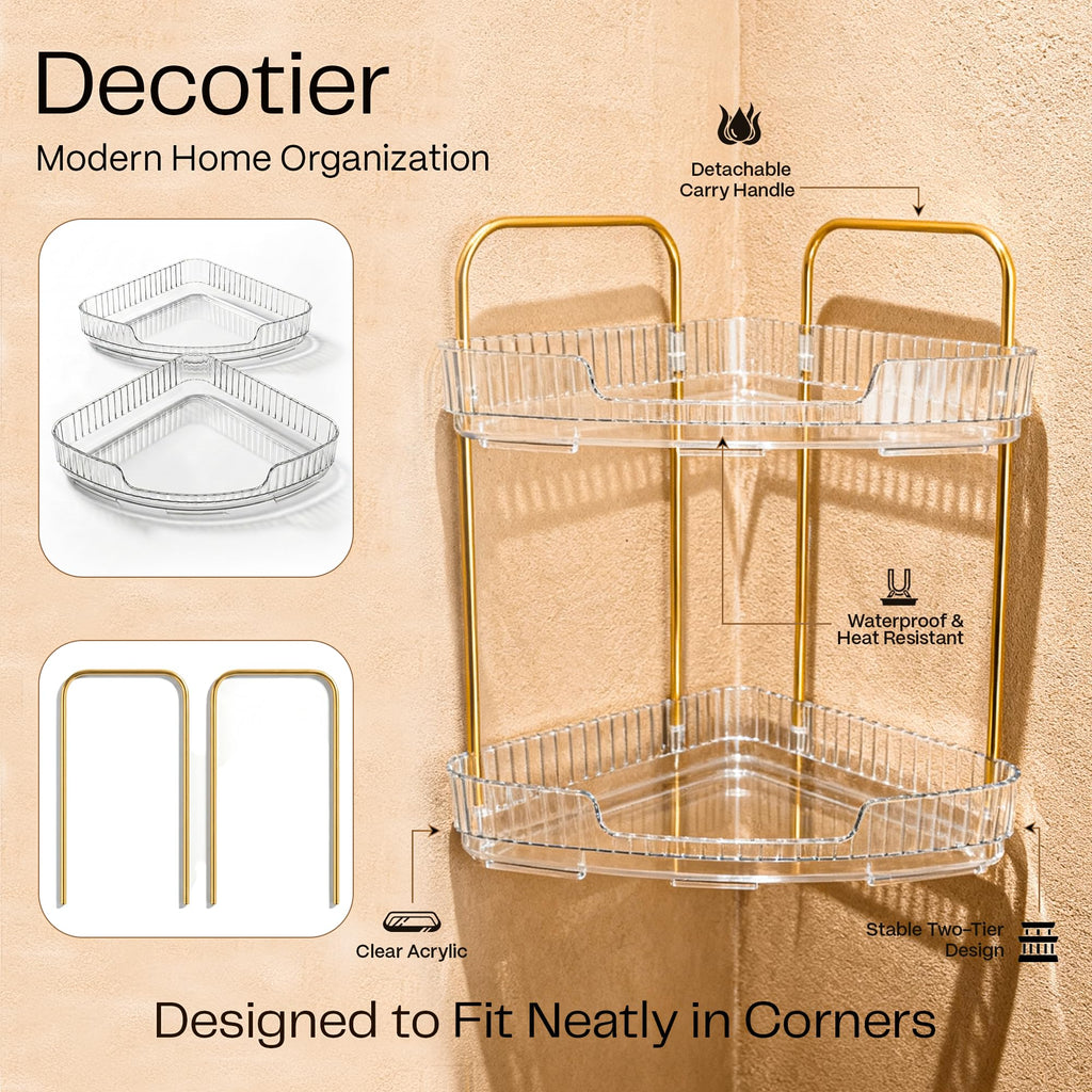 2-Tier Acrylic Corner Bathroom Organizer, 9" x 9" x 11" Large Round Countertop Shelf with Handle, Clear Acrylic Skincare & Makeup Storage Tray, Waterproof Vanity Organizer for Kitchen & Dresser