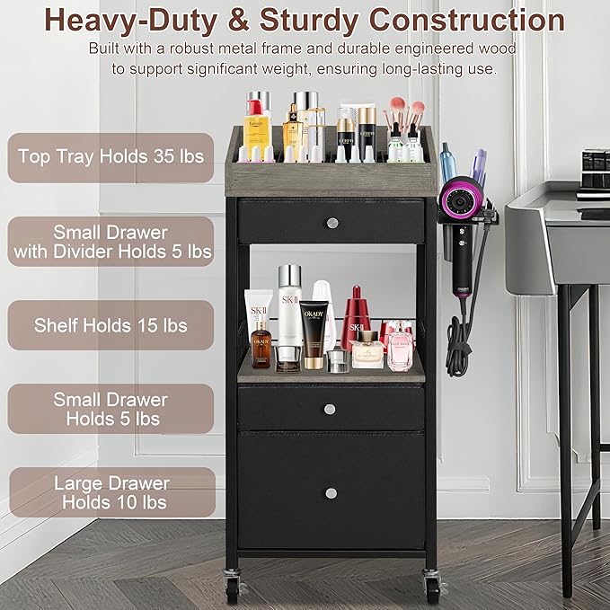 NauwaBarn Makeup Organizer Cart with 3 Drawers, Rolling Cosmetic Storage Cart with Adjustable Dividers, Detachable Hair Tool Holder & Lockable Wheels, Vanity Organizer for Small Spaces, Black & Grey