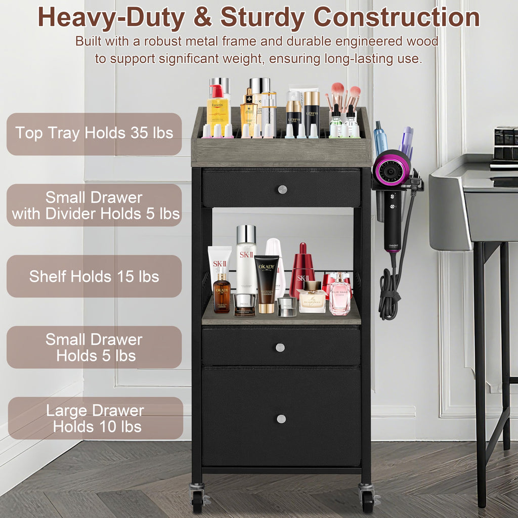 NauwaBarn Makeup Organizer Cart with 3 Drawers, Rolling Cosmetic Storage Cart with Adjustable Dividers, Detachable Hair Tool Holder & Lockable Wheels, Vanity Organizer for Small Spaces, Black & Grey