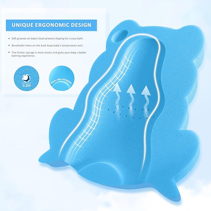 Baby Bath Sponge, Infant Comfy Soft Bath Sponges Mat, Natural Cute Shapes Skid-Proof Bathing Cushion for Toddler & Newborn, 4pcs Shape Style: Blue Dolphin, Pink Shell, Green Turtle and Big Blue Frog