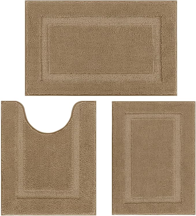 SHACOS Khaki Brown Bathroom Rugs Sets 3 Piece Bath Mat U Shaped Toilet Rug