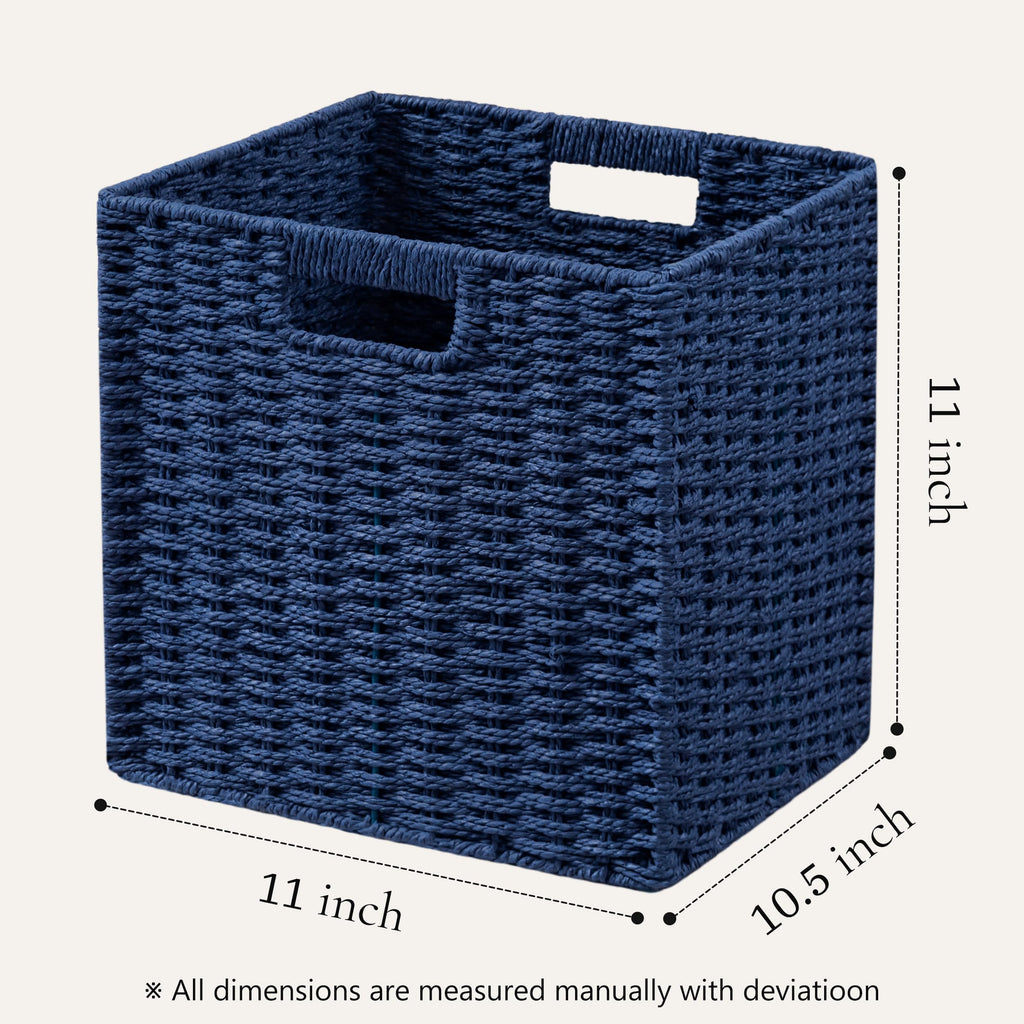 UBBCARE 3 Pack Wicker Basket, 11L×11H×10.5W inch Woven Paper Rope Storage Baskets for Shelves, Foldable Cube Storage bin with Handle, Storage Basket for Organizing & Decor, Navy Blue