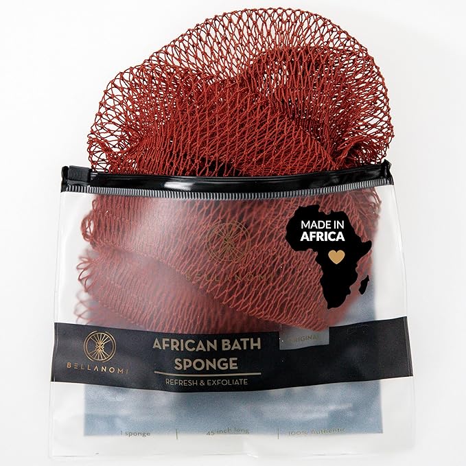 BELLANOMI African Exfoliating Net Sponge, Authentic, Ethically sourced from Nigeria, 45 inches Long, Back Scrubber for Daily use (Copper Brown)