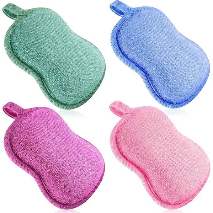 Tatuo 4 Pieces Baby Bath Sponge Toddler Bath Sponge Soft Comfy Cotton Absorbent Loofah for Kids Babies Boy Girl(Red, Purple, Green, Blue)